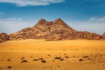 Plakat Rocky mountain in Sahara desert, Wadi rum desert and other