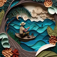 Paper Art of a man fishing in the ocean. Paper Quilling. 3D Render. Generative AI.