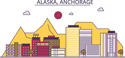 United States, Anchorage tourism landmarks, vector city travel illustration