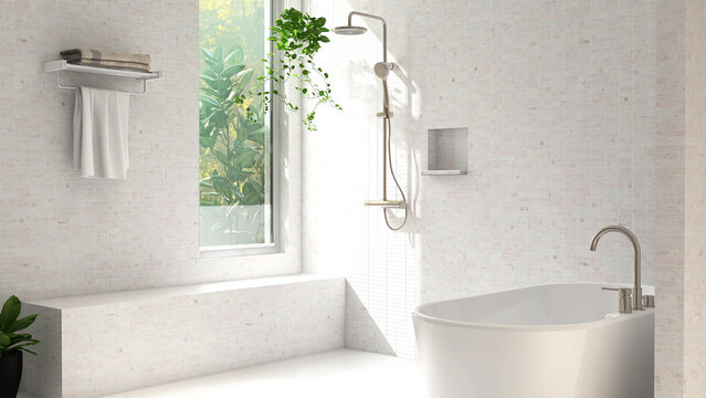Shower bench in white tile wall modern luxury bathroom, adjustable shower rail, recessed wall shelf, bathtub, towel rack in sunlight, leaf shadow from window for interior design product background 3D