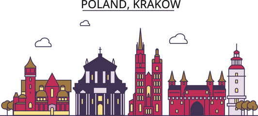 Poland, Krakow tourism landmarks, vector city travel illustration