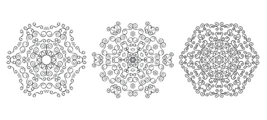 Set easy Mandalas with spirals and curlicues. Mandala flowers coloring on white background.