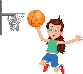 cartoon cute girl playing basketball