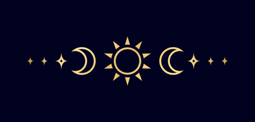 Fototapeta na wymiar Gold celestial text divider with sun, stars, moon phases, crescents. Ornate boho mystic separator decorative element