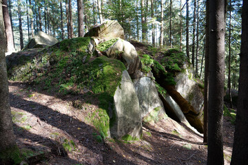 Dovbush Rocks in the forest near Yaremche city, Ukraine