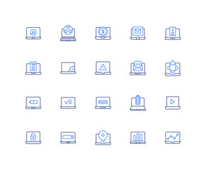 Laptop icon set. Editable stroke. Duotone color.  laptop, cell, screen, isolated, icon, smartphone, tablet computer, illustration, responsive design, imac, tablet pc, black, mock up, digital.
