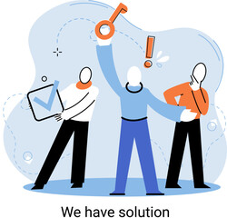 Reaching solution as result of work of business team. Startup employees. Goal thinking. Cooperation construction by agency create team. Creative successful management metaphor, decision and teamwork