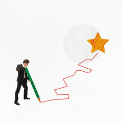 Conceptual design. Modern art collage. Way to success. Businessman drawing illusion line to star,...
