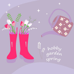 picture with watering can, bouquet of flowers, rubber boots and text