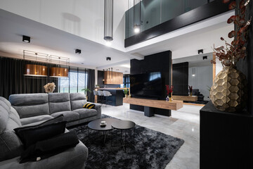 Modern house interior design with fireplace and open mezzanine.