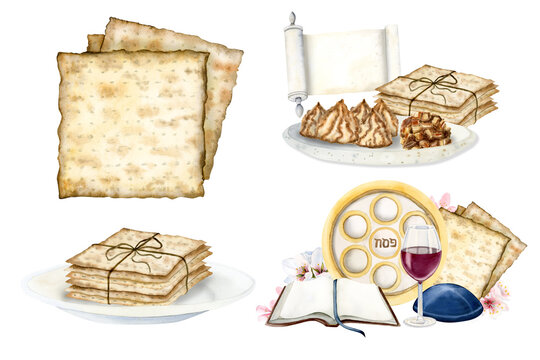 Passover matzah bread watercolor illustration set. Jewish holiday Pesach food isolated on white background
