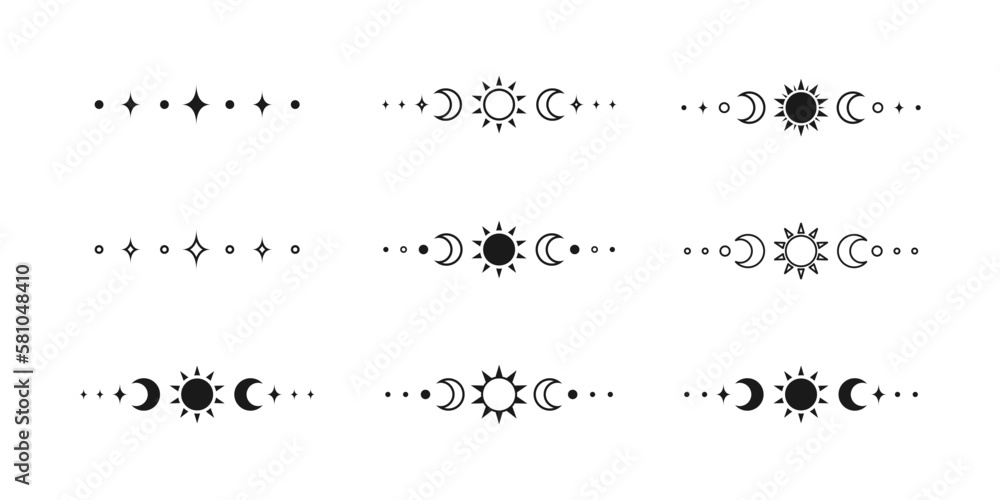 Wall mural celestial text divider with sun, stars, moon phases, crescents. ornate boho mystic separator decorat