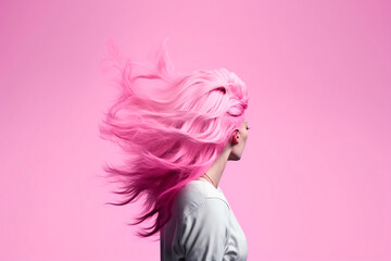 Woman with flying pink hair on a pink background view from the back, stylish fashion and beauty concept, arched hair. Generative AI.