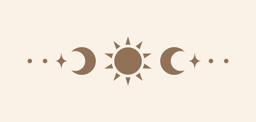 Celestial text divider with sun, stars, moon phases, crescents. Ornate boho mystic separator decorative element