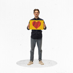 Conceptual design. Modern art collage. Young happy man standing with carton tablet with heart on it meaning customer's loyalty. Concept of customer journey, business process, shopping, sales, ad