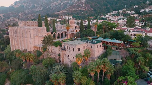 Bellapais Monastery aerial sunset view in Bellapais village, North Cyprus