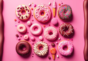 Sweet donuts with colorful sprinkles and decoration on a pink background. Generative AI, generative artificial intelligence