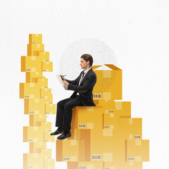 Conceptual modern art, design. Man sitting on boxes and writing in tablet. Inventory management and...