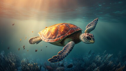Green sea turtles are swimming in the stunningly pure water among the vibrant coral reef. Generative Ai.