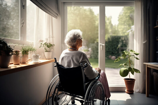 An elderly woman sits in a wheelchair in a nursing home and looks out the window at nature, breathes fresh air, loneliness. Generative AI.