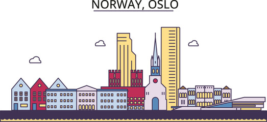 Norway, Oslo tourism landmarks, vector city travel illustration