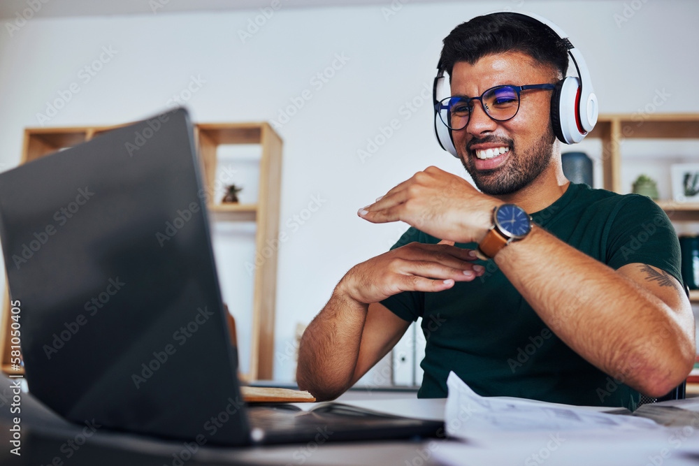 Canvas Prints Man, office and video call with hand, size and explaining for webinar, online workshop or learning. Gen z student guy, studying and hands for education with laptop, headphones and digital classroom