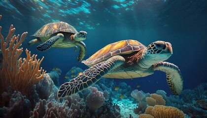 Fototapeta na wymiar Green sea turtles are swimming in the stunningly pure water among the vibrant coral reef. Generative Ai.