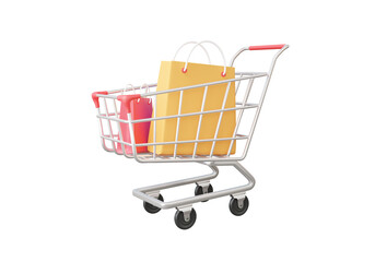 Shopping cart with package delivery parcels box on isolated background. trolley logistics transportation service concept. discount, promotion, sale, customer. 3d render illustration © N ON NE ON