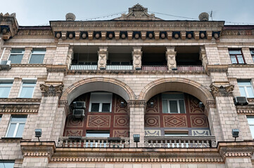 Ornate balcony of old soviet architecture buildings on Khreshchatyk street in Kyiv, Ukraine