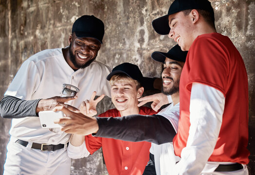 Baseball, sports men or team selfie for social media for fun memory or profile pictures training in stadium. Mobile app, friends or happy softball players relaxing or bonding together in dugout bench