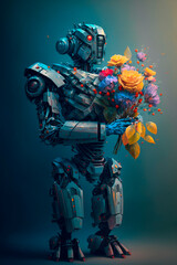 Robot holding a bouquet of flowers.AI generated.