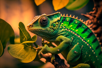 Fototapeta premium Green chameleon with textured skin close-up, blurred tropical background. Multi-colored skin of a chameleon in nature. Generative AI.