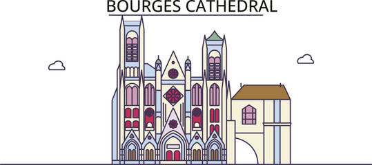 France, Bourges tourism landmarks, vector city travel illustration
