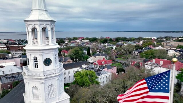 aerial st michaels church and american flag in charleston sc, south carolina