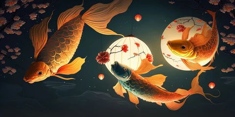 Fotobehang Coi carp oriental golden fish with Flying Chinese Lanterns, Japanese koi goldfish illustration © Syntetic Dreams