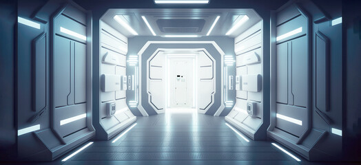 Space station scifi style corridor or airlock section. White clean illuminated walls, ultra modern sci-fi surface design. Generative AI.
