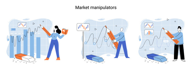 Fototapeta na wymiar Stock market manipulation concepts set, change business graph indicator, influence crypto currency price for benefit or profit. Character analyzing stock market data to control financial graphic chart