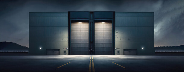 A huge large modern hanger or warehouse for storing cutting edge equipment. A  Large hanger at night with entrance lights on. Generative AI based. - obrazy, fototapety, plakaty