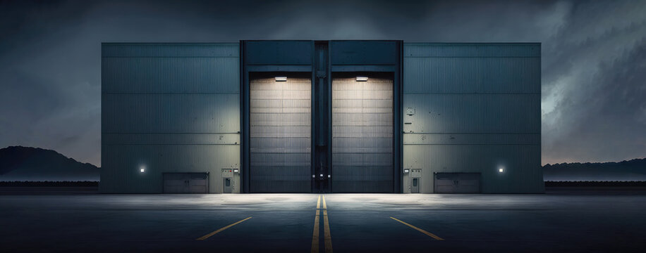 A huge large modern hanger or warehouse for storing cutting edge equipment. A  Large hanger at night with entrance lights on. Generative AI based.
