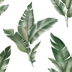 Seamless floral pattern with Banana palm leaves hand-drawn painted in watercolor style. The seamless pattern can be used on a variety of surfaces, wallpaper, textiles or packaging
