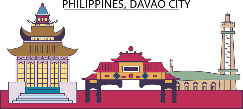 Philippines, Davao City tourism landmarks, vector city travel illustration