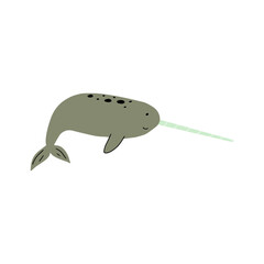 Narwhal Character sea animal on deep background. Wild life illustration. Vector illustration.