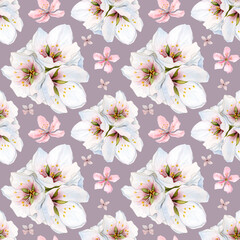 Pink floral watercolor seamless pattern with almond flowers, cherry, apple bloom, white bouquets for wedding designs