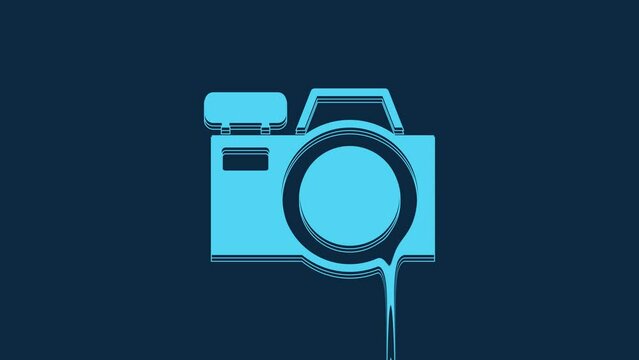 Blue Photo camera icon isolated on blue background. Foto camera icon. 4K Video motion graphic animation