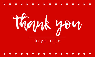 Thank you for order card on red background with hearts