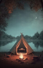 Tent and campfire at night by the lake in the forest, vertical illustration. AI generative.