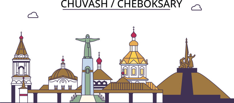 Russia, Cheboksary tourism landmarks, vector city travel illustration