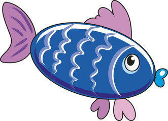 vector cute blue sea fish, aquarium cartoon fish for print, children illustration on white background