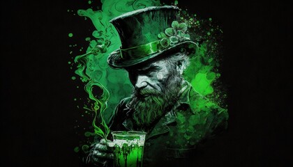 St. Patrick's day background. Leprechaun ghost Man with in green hat generative ai	
