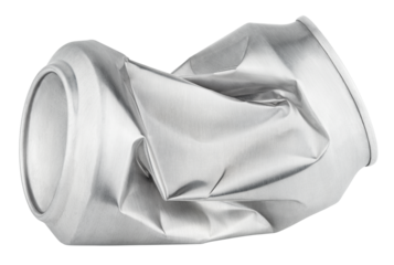 Crumpled empty blank soda or beer 330 ml can garbage isolated on transparent background